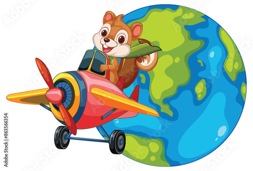 A happy squirrel piloting a small airplane