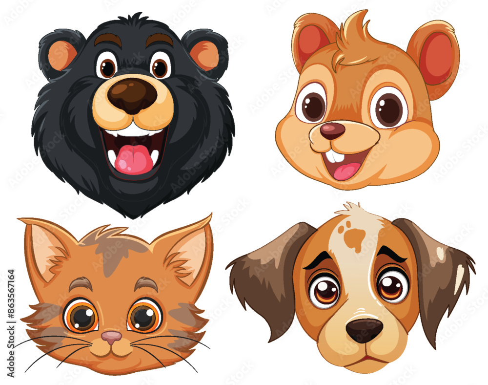Adorable cartoon faces of bear, chipmunk, cat, and dog Adorable cartoon faces of bear, chipmunk, cat, and dog