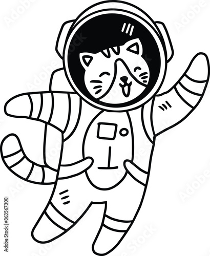 cat in a space suit is waving