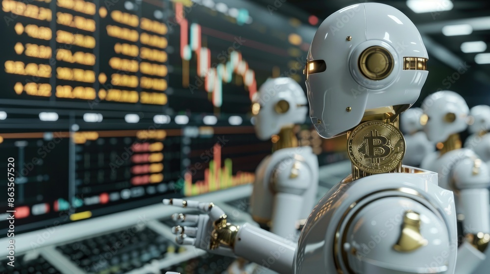 AI robots analyzing financial data, stock market charts, and cryptocurrency trends. Concepts. artificial intelligence, Fintech, algorithmic trading, and future of finance AI robots analyzing financial data, stock market charts, and cryptocurrency trends. Concepts. artificial intelligence, Fintech, algorithmic trading, and future of finance