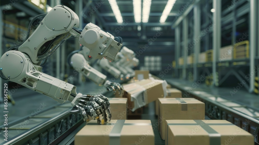 Robotic arms sorting packages on a conveyor belt in a modern factory. Concept of automation, industry 4.0, artificial intelligence, and smart logistics. Robotic arms sorting packages on a conveyor belt in a modern factory. Concept of automation, industry 4.0, artificial intelligence, and smart logistics.