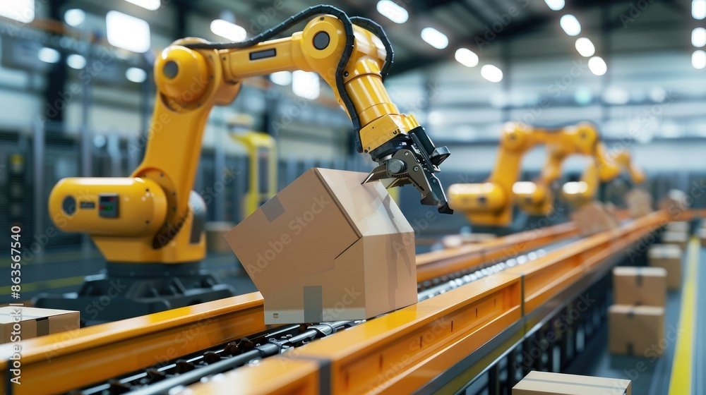 Robotic arms working on a production line in a modern factory. Concept of automation, industry 4.0, and smart manufacturing. Robotic arms working on a production line in a modern factory. Concept of automation, industry 4.0, and smart manufacturing.