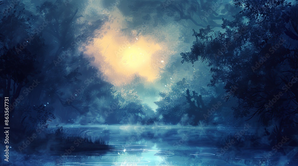 A painting of a forest with a body of water in the foreground A painting of a forest with a body of water in the foreground