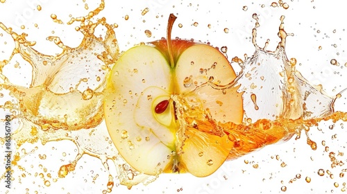 A fresh apple cut in half with juice splashing around. Captures the essence of freshness and vitality. Perfect for healthy living concepts. photo