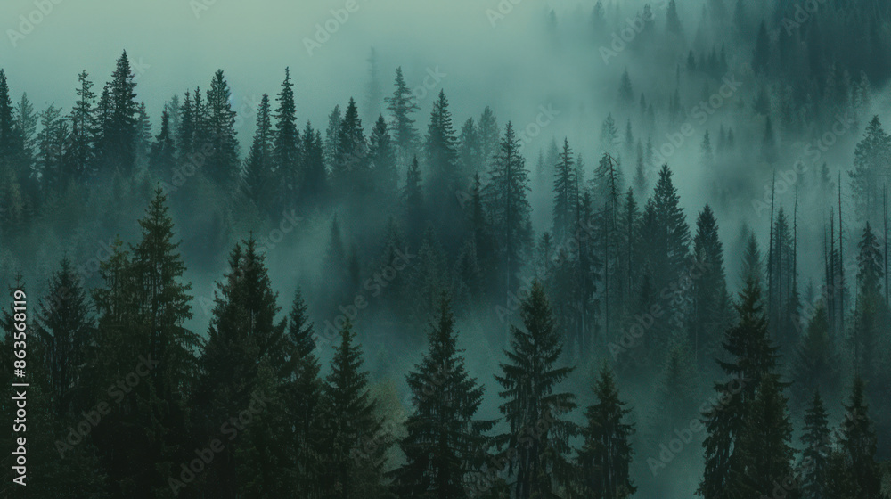 A dense forest shrouded in mist landscape A dense forest shrouded in mist landscape