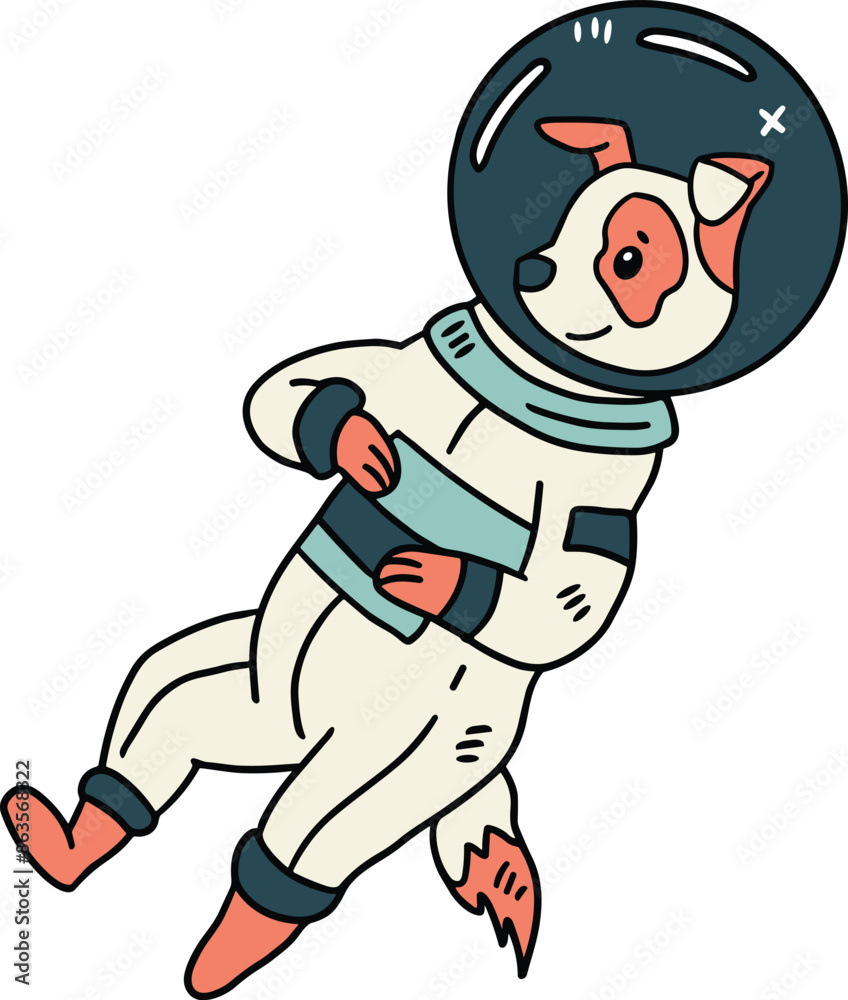 A cartoon dog is wearing a space suit and is floating in space A cartoon dog is wearing a space suit and is floating in space