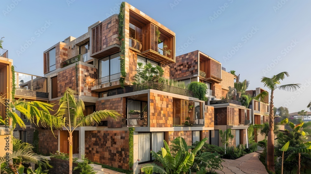 Modern, eco-friendly residential building with lush greenery and sustainable design. Concept of green living, urban architecture, and sustainable housing. Modern, eco-friendly residential building with lush greenery and sustainable design. Concept of green living, urban architecture, and sustainable housing.