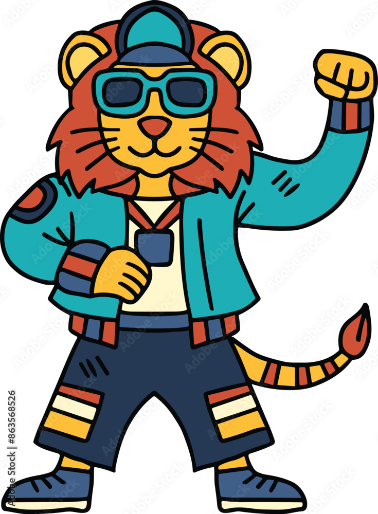 Obraz premium A cartoon lion is wearing a hat and a jacket
