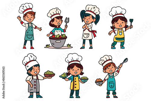 A group of children dressed as chefs are shown in various poses