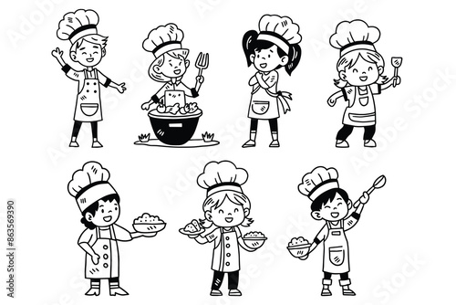A group of children dressed as chefs are shown in various poses