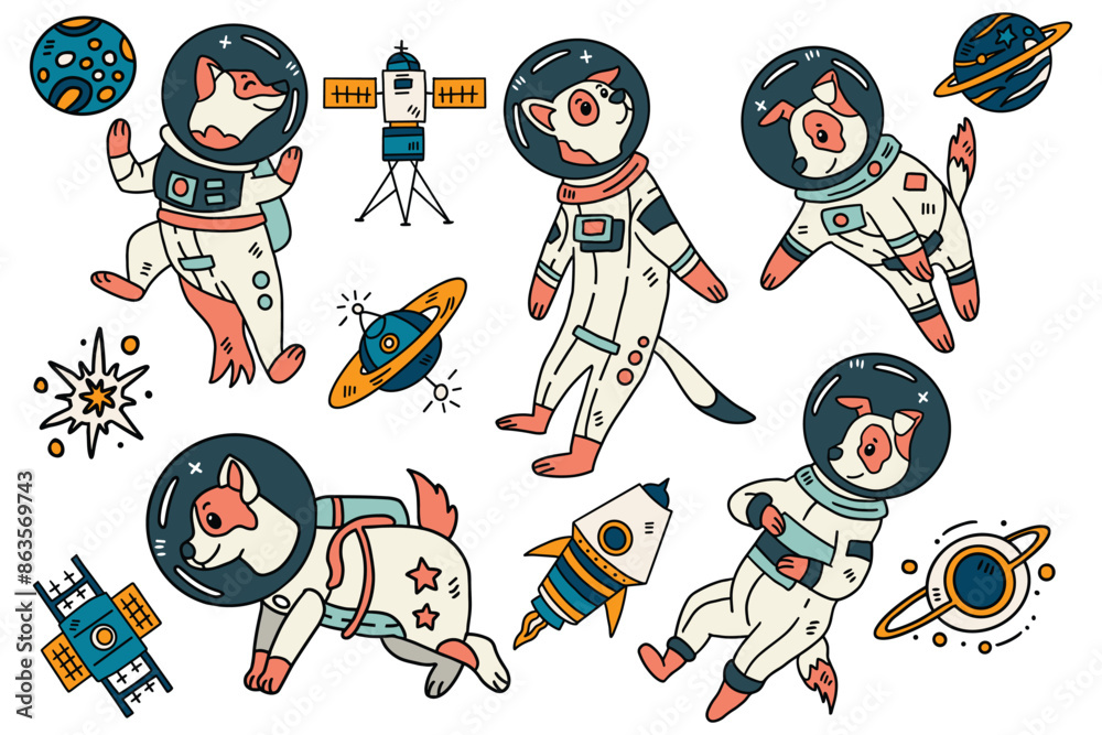 A series of cartoon drawings of dogs in space suits A series of cartoon drawings of dogs in space suits