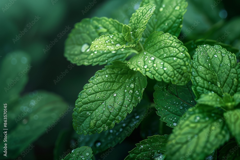A close up of green leaves with water droplets on them, free space for text