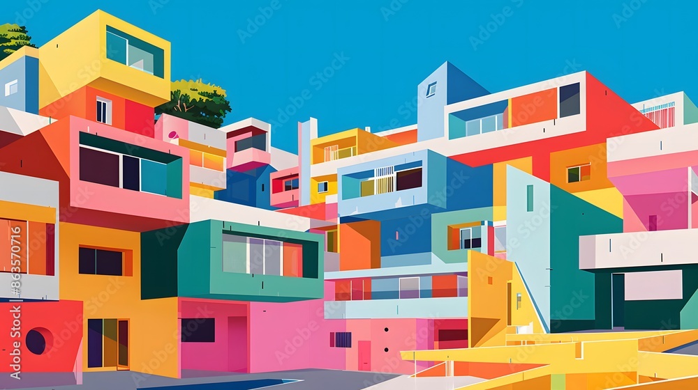 Vibrant and Colorful Abstract Cityscape Architecture Illustration. Modern Urban City Design with Geometric Buildings Vibrant and Colorful Abstract Cityscape Architecture Illustration. Modern Urban City Design with Geometric Buildings