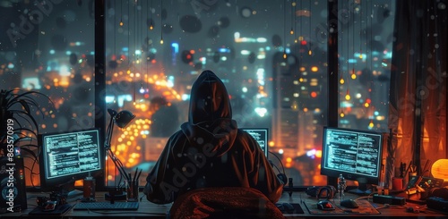 Hooded Figure Working on Computer in a City at Night