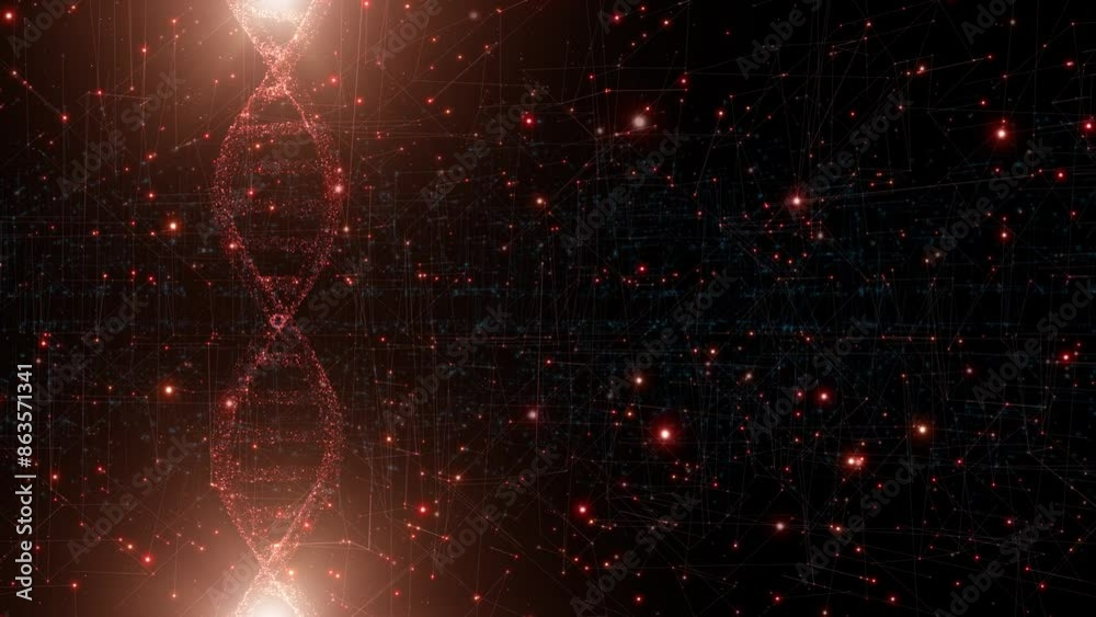 Red dna chain rotation with dots and lines loop movement on black copy space animation background.