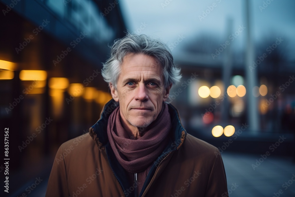 Portrait of a middle-aged man with gray hair wearing a brown coat and a scarf in the city at night Portrait of a middle-aged man with gray hair wearing a brown coat and a scarf in the city at night