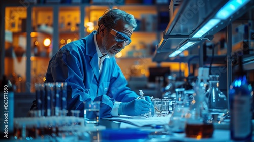 Labor Day tribute featuring a blue scientist in a lab conducting research, elegant style