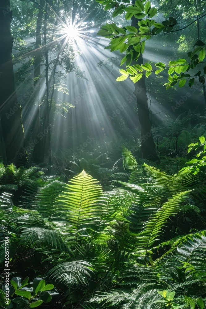 Obraz premium Lush green forest with sun rays