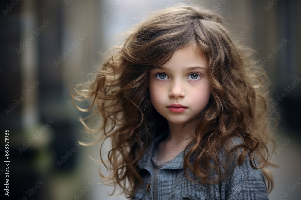 Portrait of a beautiful little girl with long curly hair and blue eyes