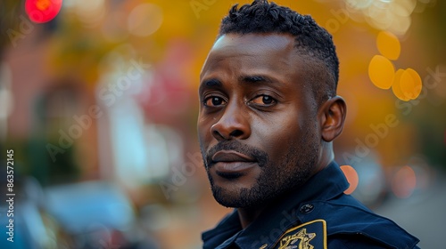 Labor Day tribute featuring a black police officer on duty in an urban environment, clean design