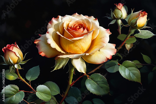 A closeup of yellow rose on black background