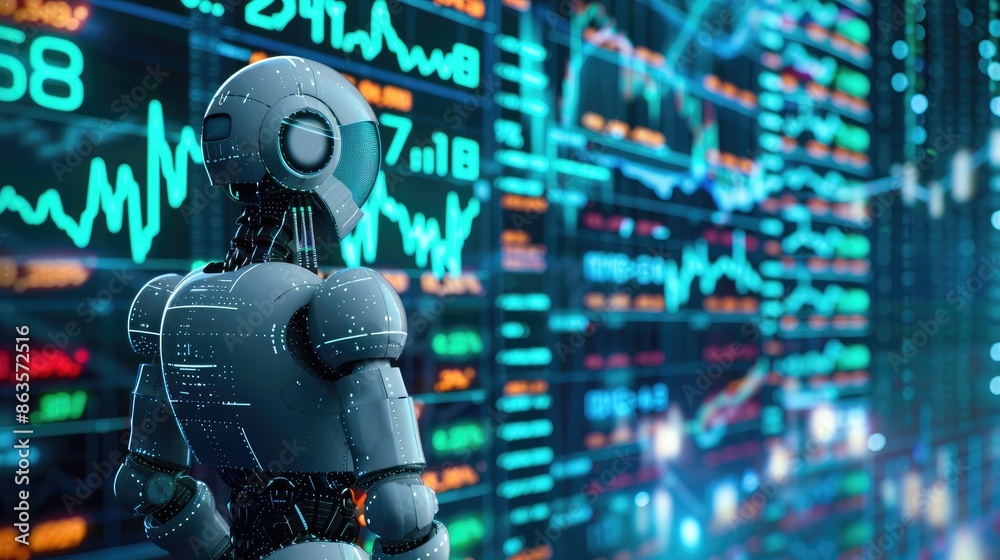 AI Robot Analyzing Financial Data on Digital Screens, Concept of Artificial Intelligence in Finance, Fintech, Algorithmic Trading AI Robot Analyzing Financial Data on Digital Screens, Concept of Artificial Intelligence in Finance, Fintech, Algorithmic Trading