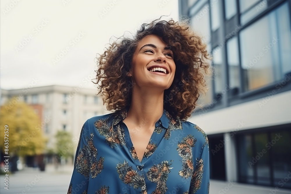 Portrait of a beautiful young woman with curly hair in the city Portrait of a beautiful young woman with curly hair in the city