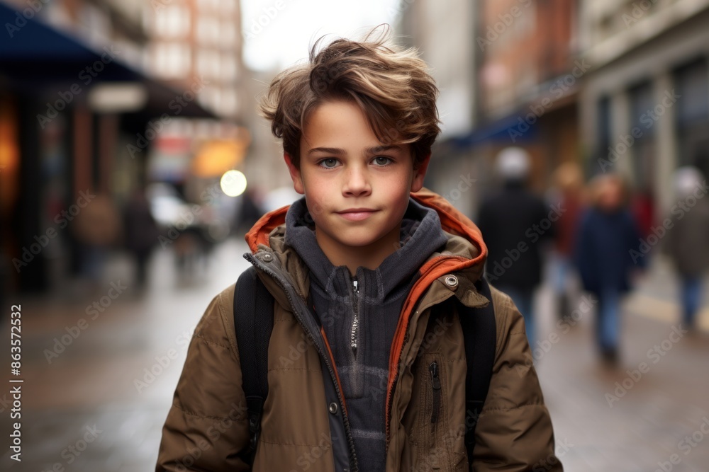 Fototapeta premium Portrait of a young boy in a city street. Shallow depth of field.