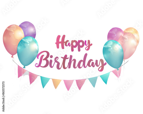 Happy birthday banner with colorful balloons on a transparent background