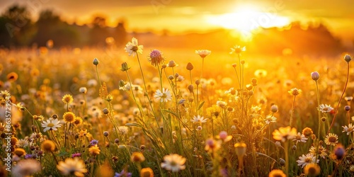 Golden hour background with warm, soft sunlight hitting a field of wildflowers, golden hour, background, soft sunlight © rattinan