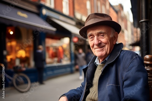 Portrait of an elderly man sitting in the street in London. © Stocknterias