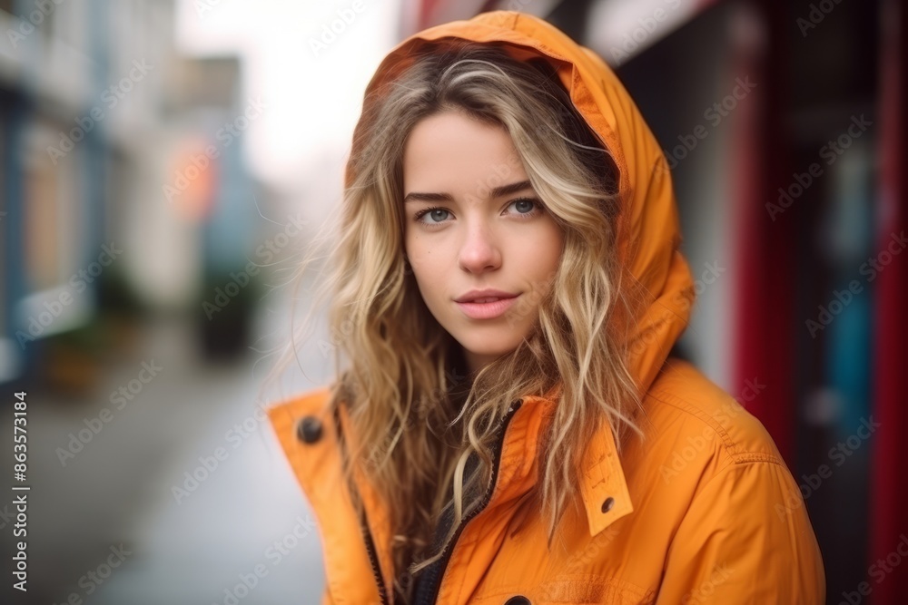 Portrait of a beautiful young woman in a yellow raincoat.