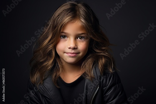 Portrait of a beautiful little girl in a black leather jacket.