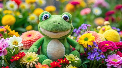 Adorable plushie toy frog surrounded by colorful flowers, plushie, toy, frog, cute, adorable, stuffed animal, animal, green photo