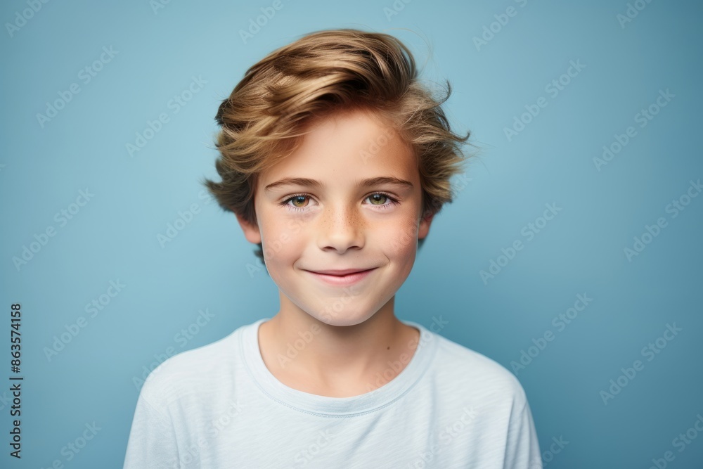 Portrait of cute little boy with blond hair on blue background. Portrait of cute little boy with blond hair on blue background.