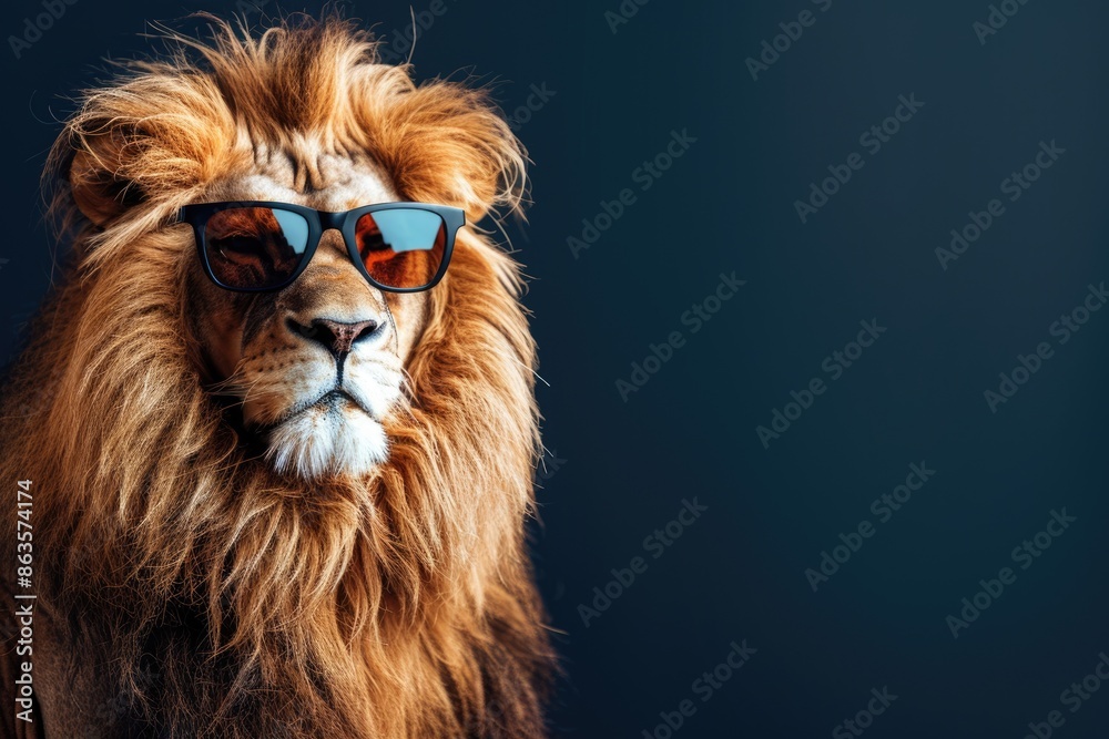 A close-up portrait of a majestic lion with a thick mane, wearing sunglasses, against a dark blue background A close-up portrait of a majestic lion with a thick mane, wearing sunglasses, against a dark blue background