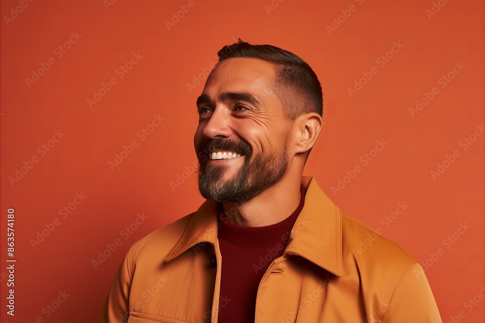 Obraz premium Portrait of a smiling bearded man in a brown jacket on a red background.