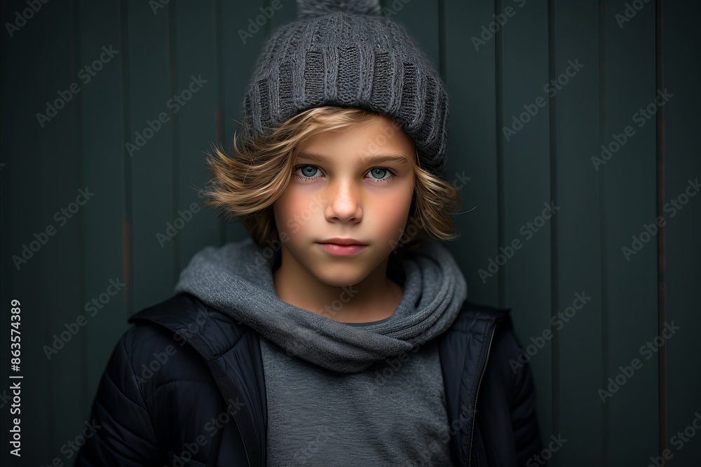 Portrait of a cute young boy in a knitted hat and scarf Portrait of a cute young boy in a knitted hat and scarf