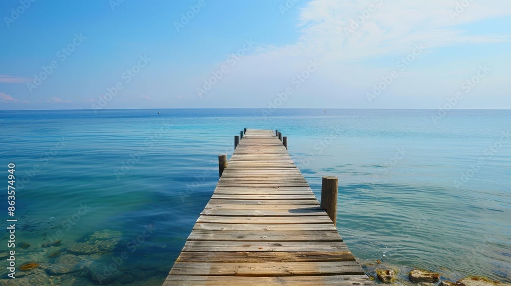 Obraz premium A scenic wooden pier stretching into the clear blue ocean under a bright sky, perfect for a peaceful seaside view.