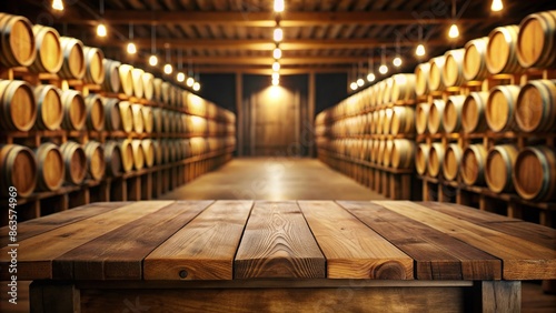 Elegant oak tasting table in front of blurred whisky distillery background with rows of barrels , oak, tasting, table photo