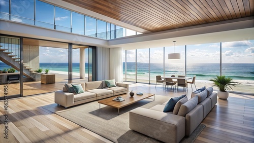 Modern beachfront home with minimalist interior design and plenty of natural light , serene, beachfront, home