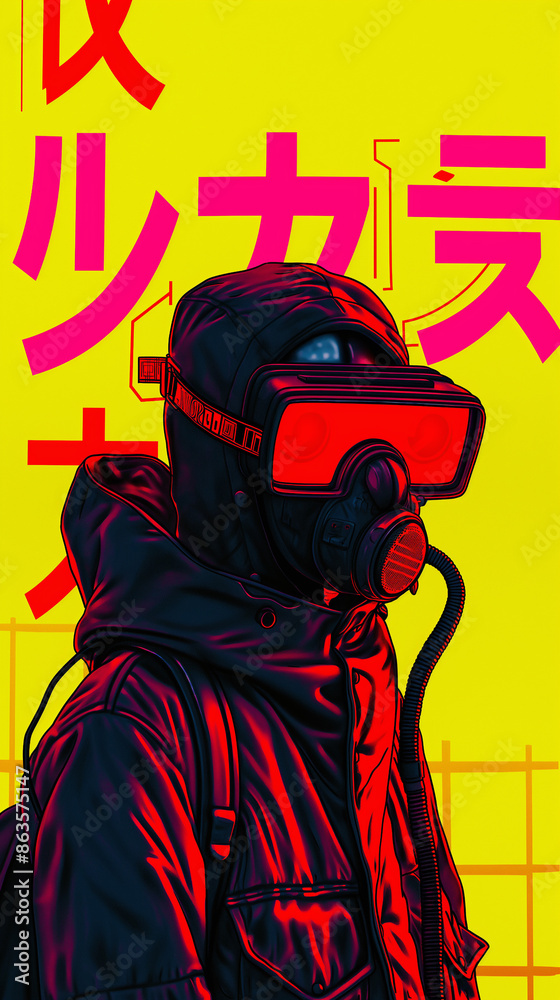 Neon cyberpunk poster, neon colors, Gas mask, Japanese Neon cyberpunk poster, neon colors, Gas mask, Japanese