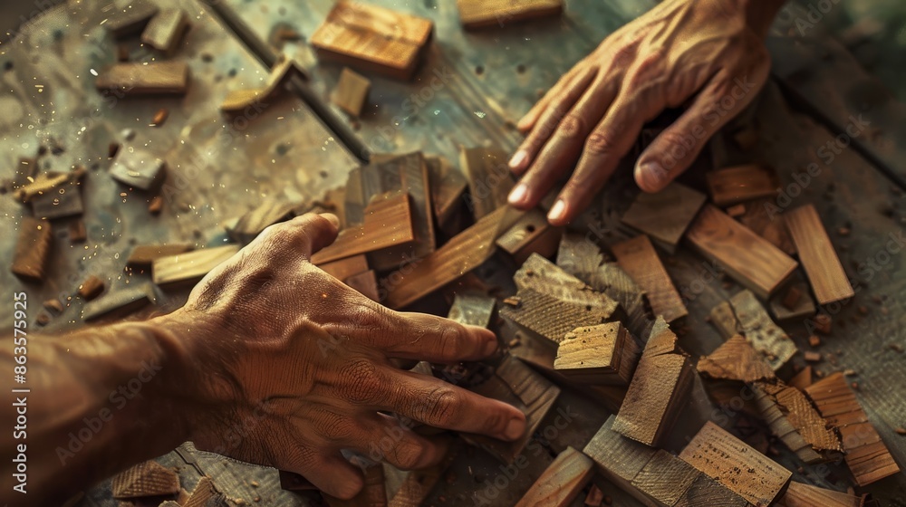 Rebuilding Resilience Hands Amidst Scattered Wooden Blocks Rebuilding Resilience Hands Amidst Scattered Wooden Blocks