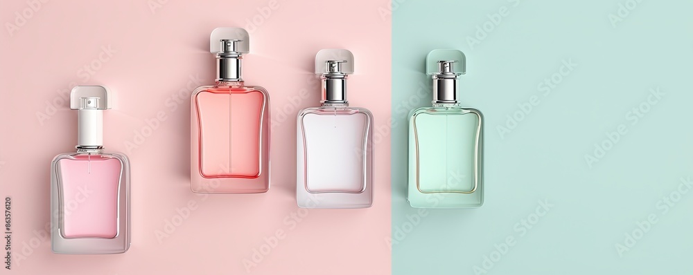Perfume bottles positioned right, pastel gradient background, elegant and eye-catching Perfume bottles positioned right, pastel gradient background, elegant and eye-catching