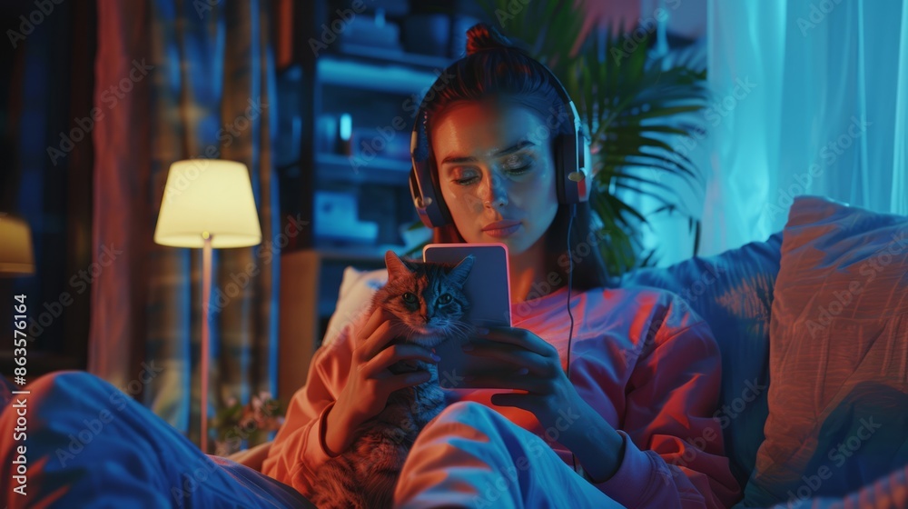 Obraz premium Young woman wears headphones and uses a smartphone or tablet in a relaxed atmosphere.