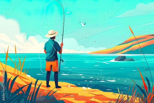 Illustration of Fisherman on Tropical Beach photo