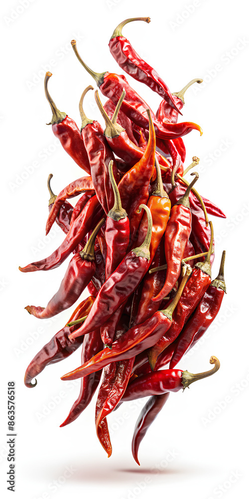 Obraz premium Flying Dried chili peppers in the air on white background