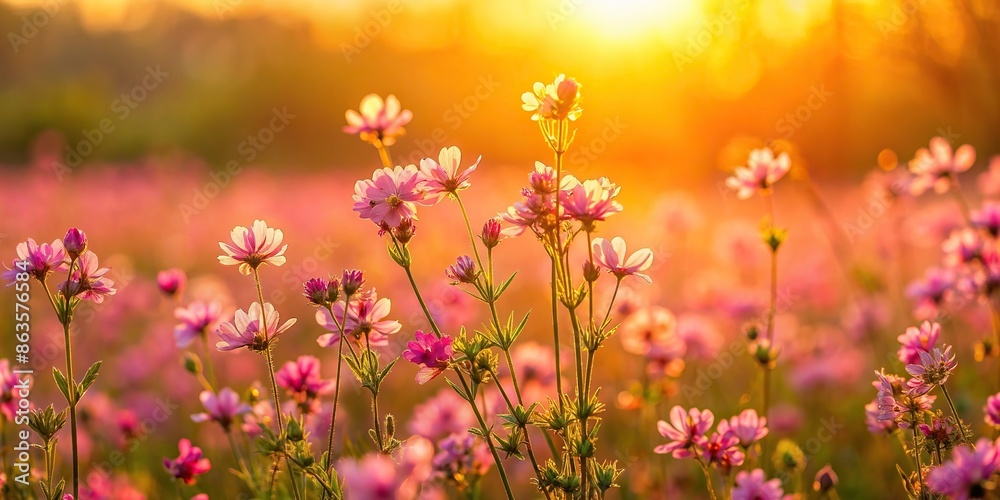 Pink wildflowers bathing in the golden light of sunrise , nature, outdoors, beauty, floral, petals, vibrant, delicate