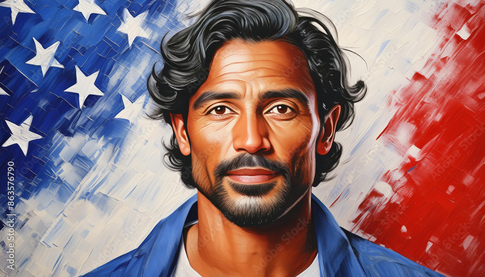 Portrait of a person with a red, white and blue background.