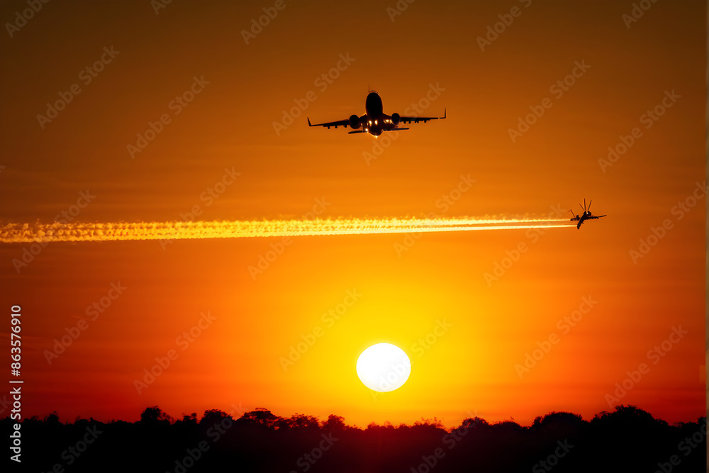 Sky high traffic, sunset arrival with blurred tail of parked plane and approaching jet - stock photo Sky high traffic, sunset arrival with blurred tail of parked plane and approaching jet - stock photo